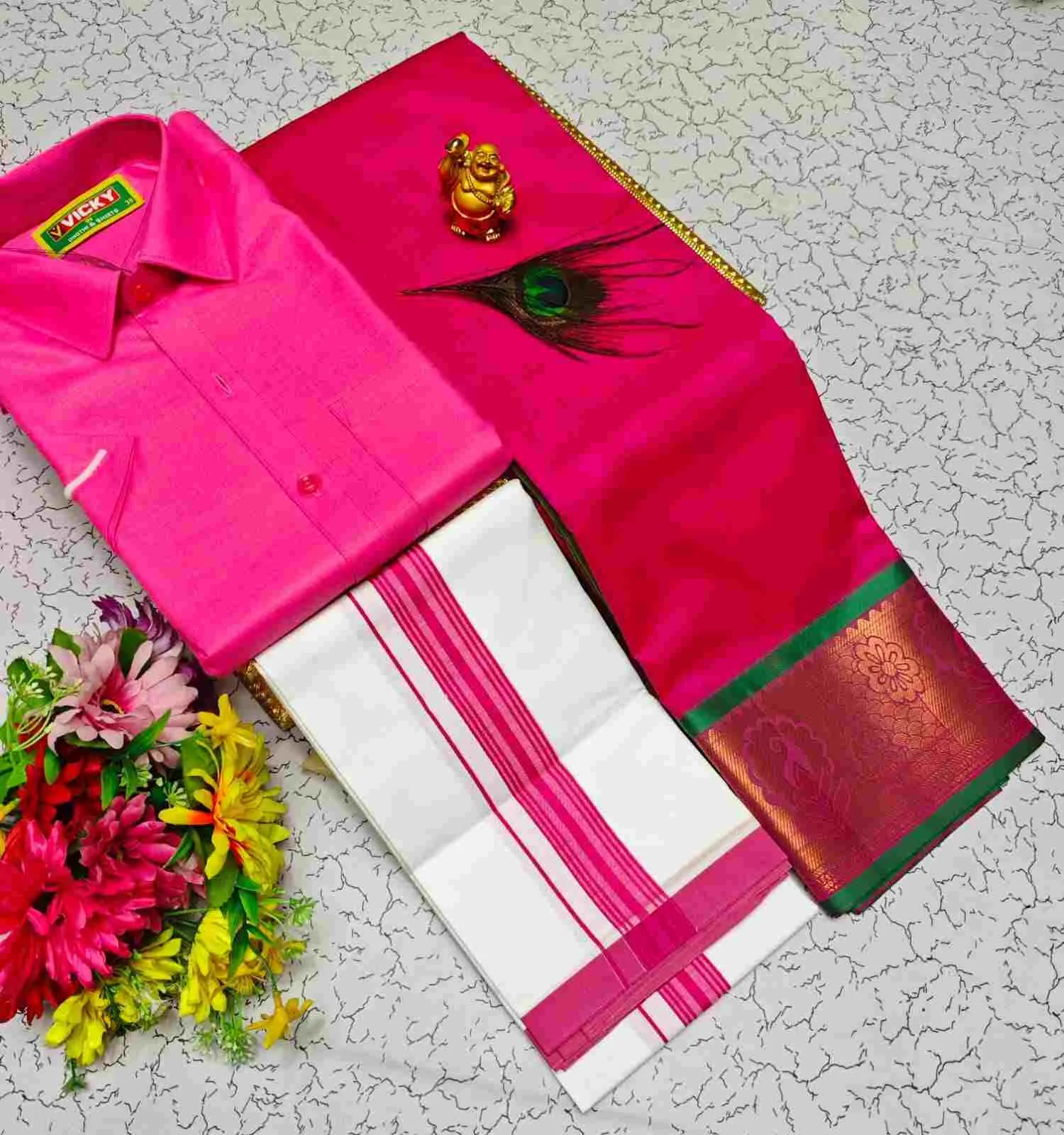 Rani Pink Contrast Mayura Karizma Silk Couple Combo